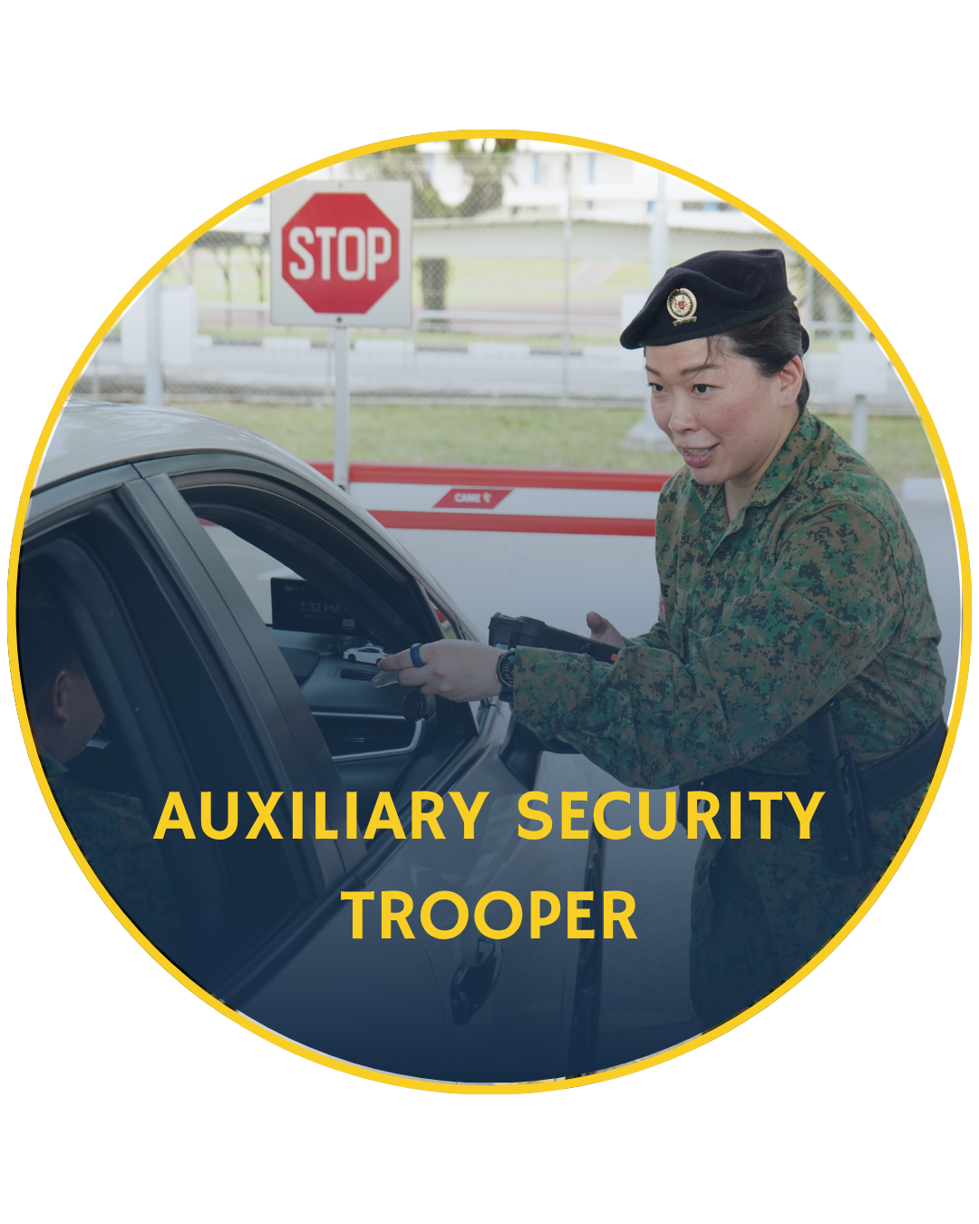 Auxiliary Security Trooper in uniform checking vehicle.